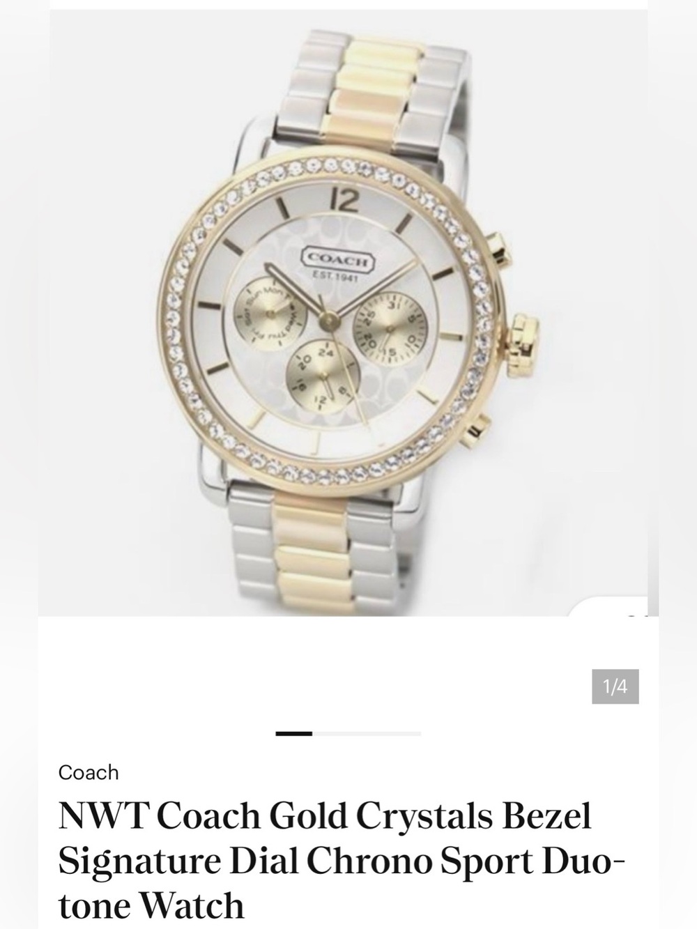 Coach Two-Tone Gold and Silver Crystal Bezel Signature Dial Watch